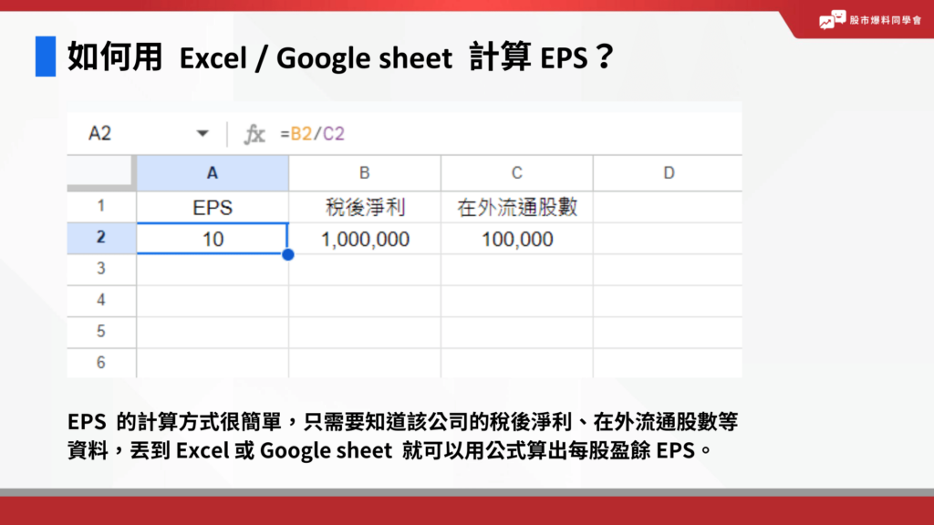 如何用  Excel / Google sheet  計算 EPS？只需要知道該公司的稅後淨利、在外流通股數等資料，丟到 Excel 或 Google sheet  就可以用公式算出每股盈餘 EPS。