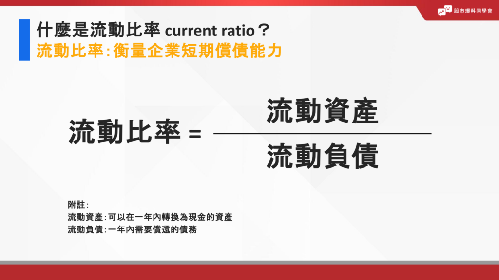 流動比率流動比率方式為：流動比率＝流動資產/ 流動負債。