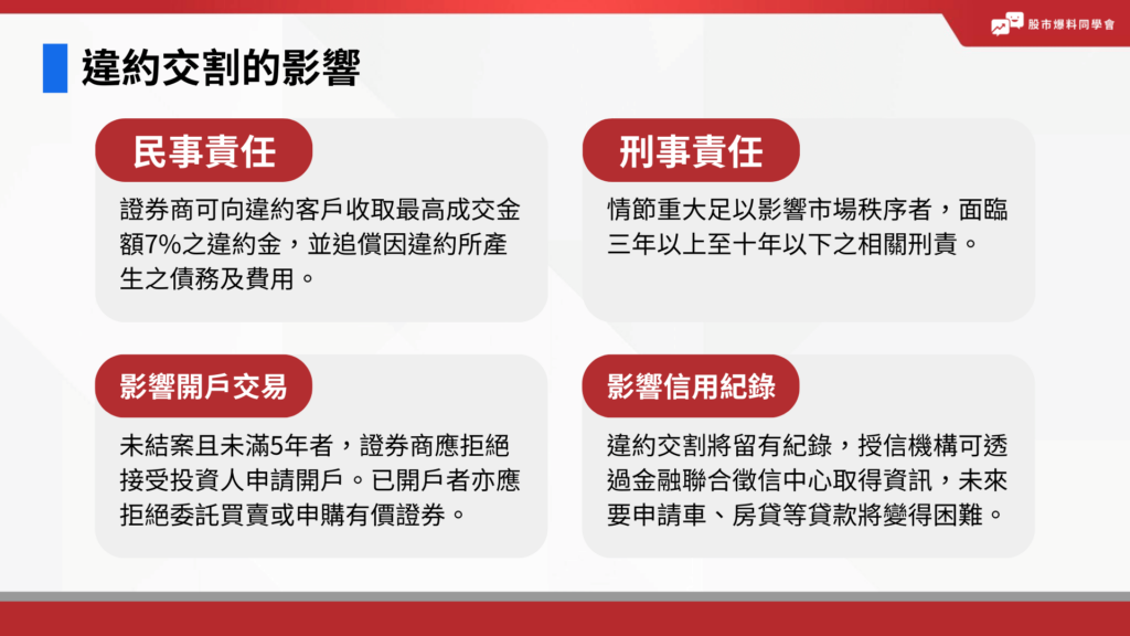 違約交割會造成民事責任、刑事責任、影響證券開戶與交易、影響信用紀錄。