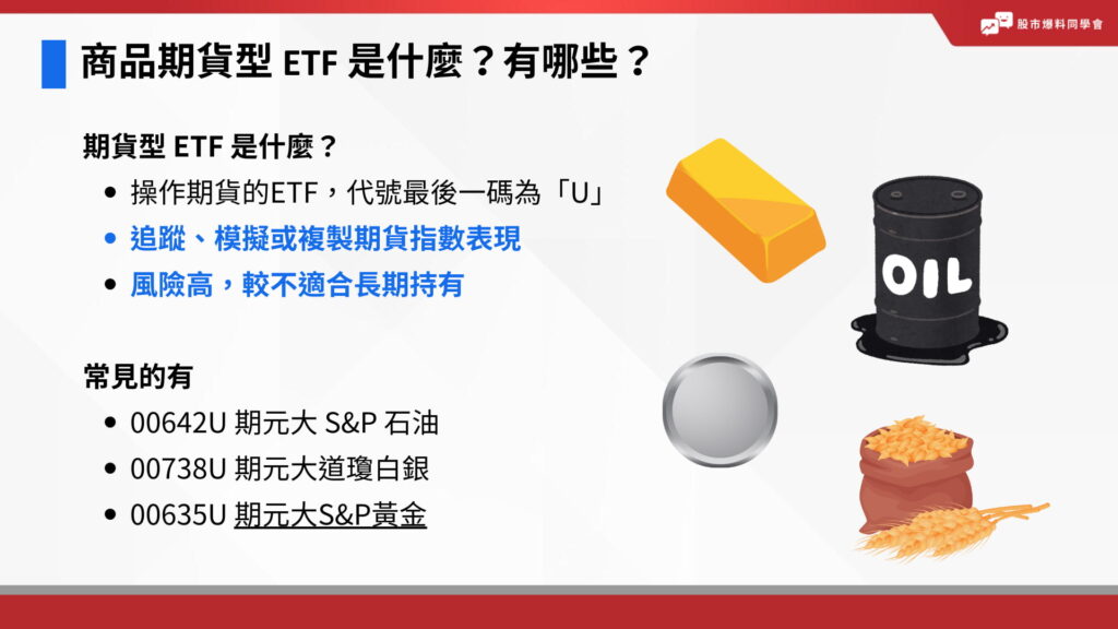 商品期貨型 ETF 代號最後一碼為「U」，就是操作期貨的ETF，追蹤、模擬或複製期貨指數表現。有分作商品型 ETF，追蹤黃金、白銀、原油等國外商品期貨指數的期貨 ETF；或是期貨型 ETF，例如美元指數期貨、VIX期貨等。