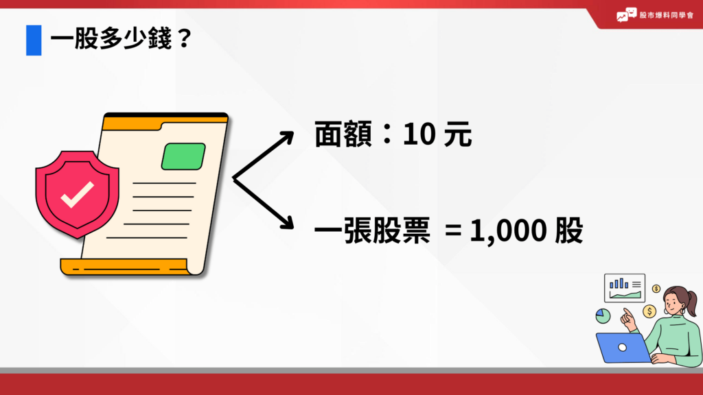 一股多少錢？在台灣，金管會規定股票的面額為一股 10 元，但若是有拆分過的股票，股票名稱後面就會有「*」符號，此時一股的面額就不會是 10 元，如果是一拆二，面額就變成 5 元；如果一拆十，面額就變成 1 元。