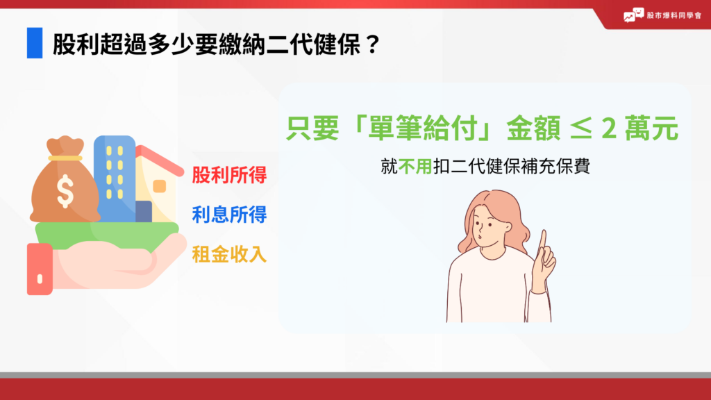 「股利所得、利息所得、租金收入」，只要「單筆給付」金額未超過新台幣 2 萬